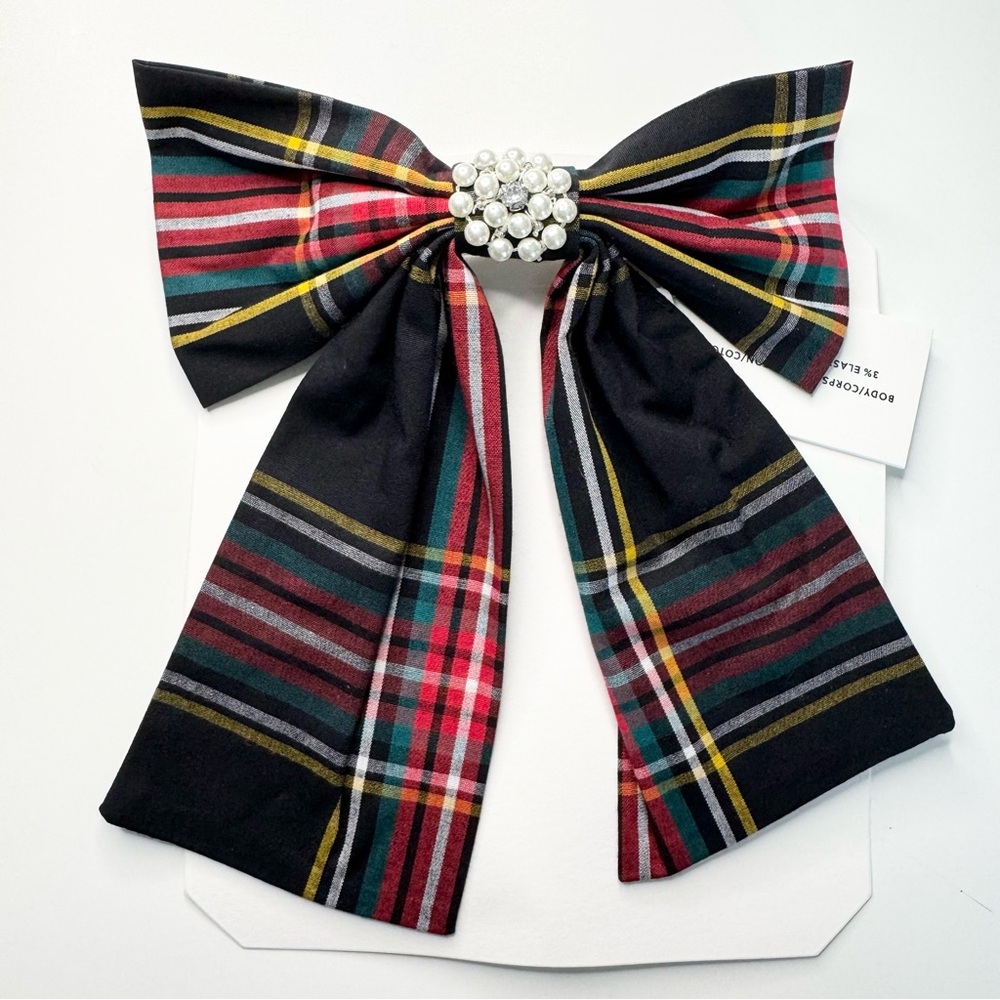 J Crew Factory Embellished Bow Barette Black Stewart Tartan - Picture 3 of 12